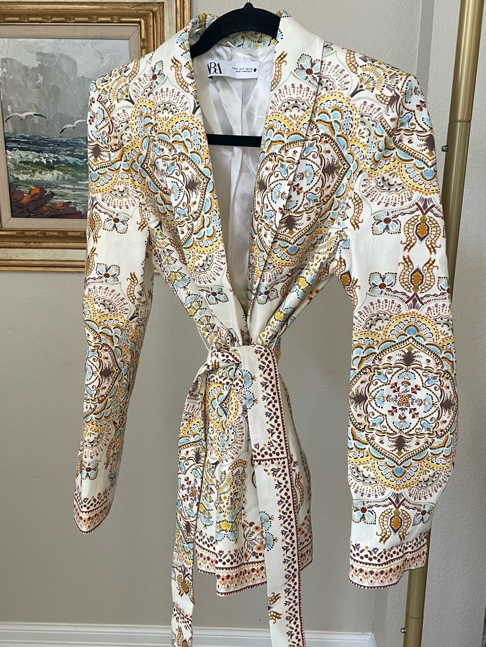 Zara Cream Paisley Tie-Waist Blazer with Blue and Gold Accents Linen Blend